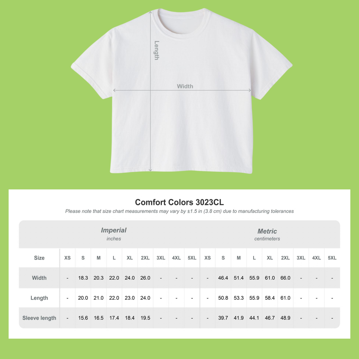 A white short-sleeve T-shirt is shown on a light green background above a size chart labeled 'Comfort Colors 3023CL' with imperial and metric measurements for size X to 5XL, including width, length, and sleeve length.