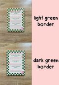 Health To Do List Notepad with beige and bright green checkered print as the border. Top of the page says, "Health Stuff" in a bright pink color. The different sections with pink lines underneath them read, "medical appointments to make, contact doctor about, and contact insurance about". Split display showing the two variants of borders for the notepad. They are pictured laid on a wooden desk. 